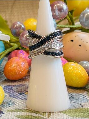 925 Sterling Silver Blue & White Crystal Crisscross Ring - Elegant 🪻Sz. 5